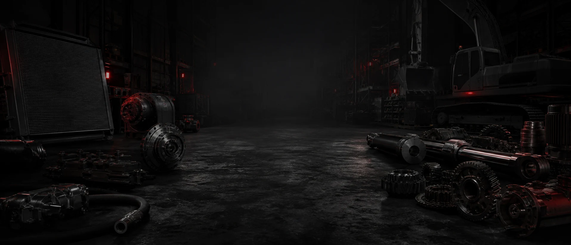 Heavy equipment components arranged inside a dark industrial warehouse